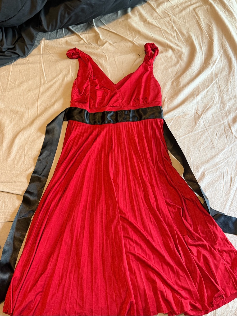 Red V-Neck Midi Dress with Black Satin Waist Tie